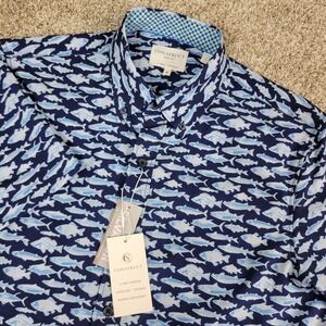 NWT Construct Slim Fit 4 Way Stretch Mens Medium Blue AOP Fish Button Down SS